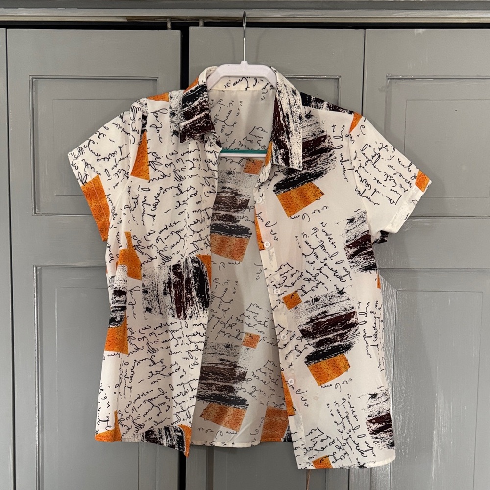 SHEIN White and Orange Abstract Button Down Shirt